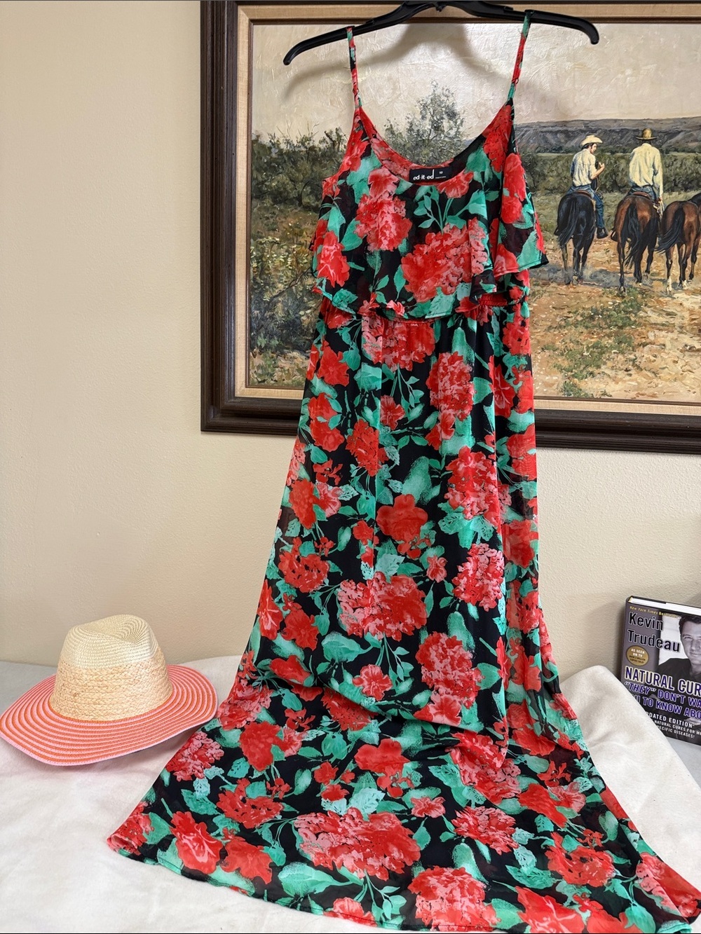 Flowy Maxi Floral Slip Dress with Red & Green Blooms on black background